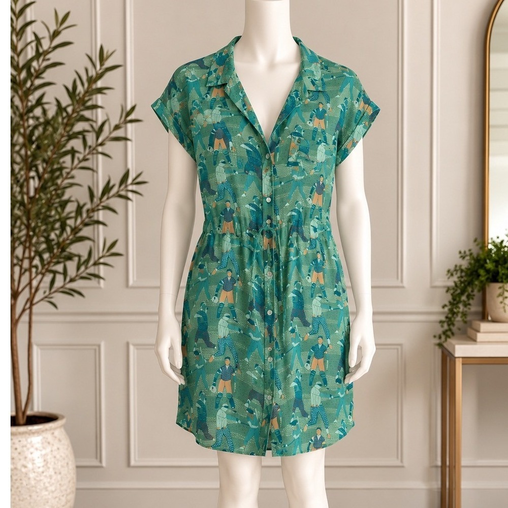 Steven Alan Womens Shirt Dress Green Baseball Novelty Print Drawstring Small